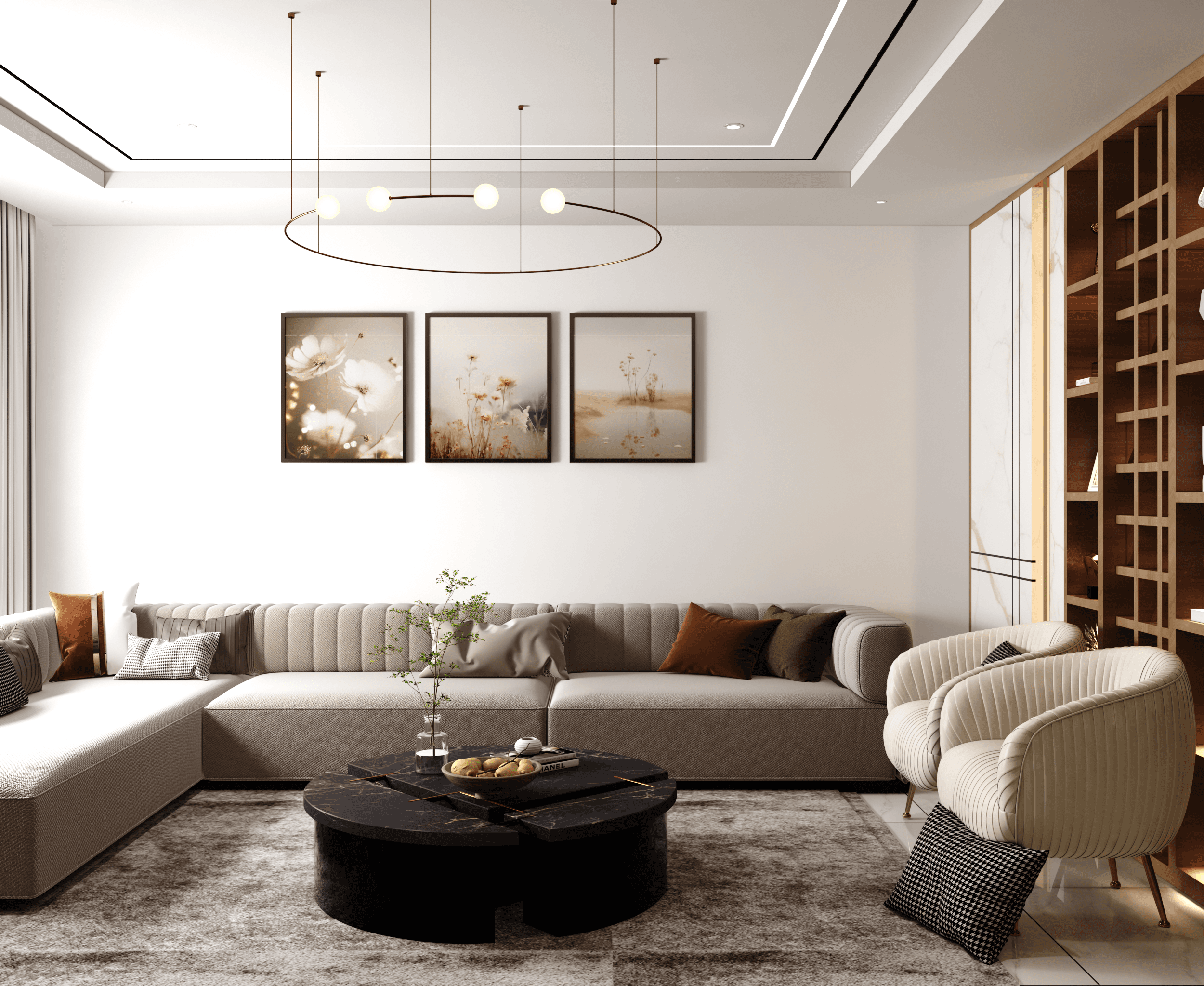 Spacious living room with sofa and decor